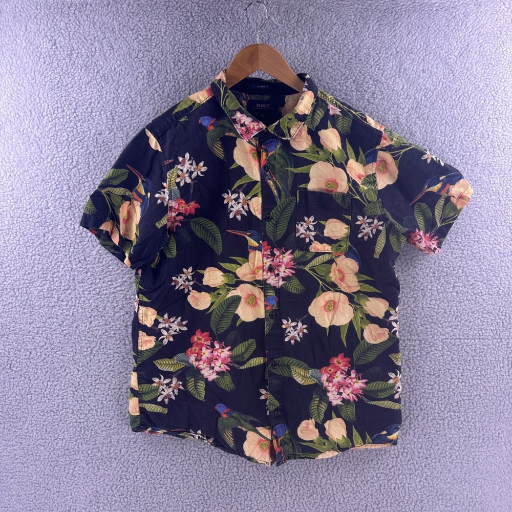 Roark Revival Mens Large Tropical Bird Floral Linen Blend Button Down Shirt Navy